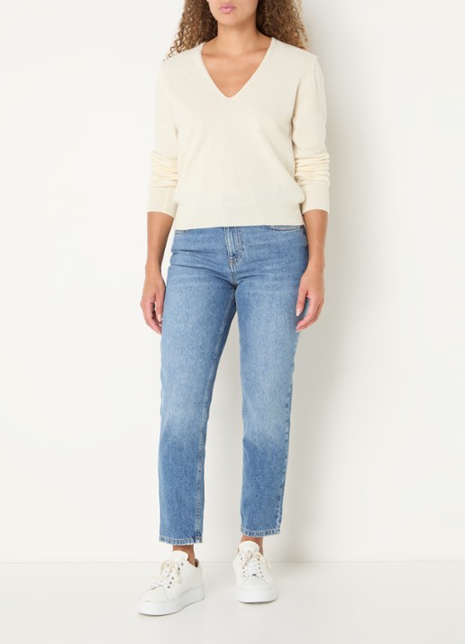 Benetton Fijngebreide pullover van scheerwol met V-hals - voorkant 2 creme