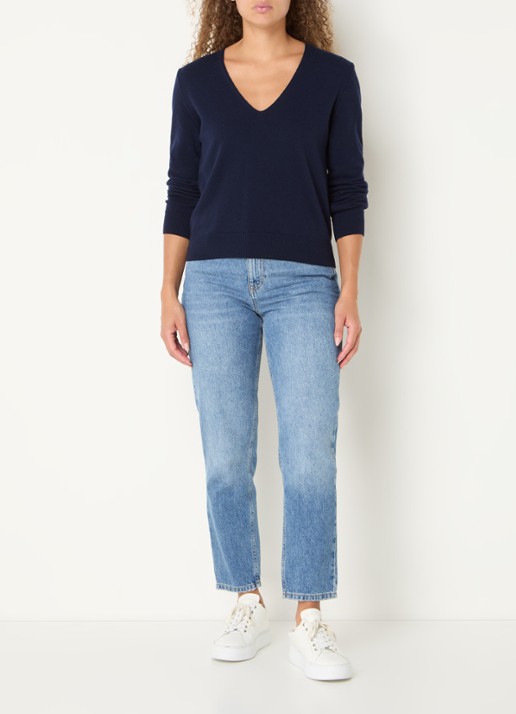 Benetton Fijngebreide pullover van scheerwol met V-hals - voorkant 3 donkerblauw