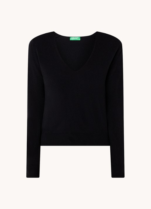 Benetton Fijngebreide pullover van scheerwol met V-hals - voorkant zwart