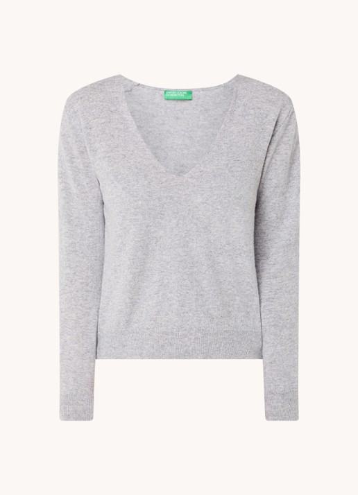 Benetton Fijngebreide pullover van scheerwol met V-hals - voorkant 2 grijsmele
