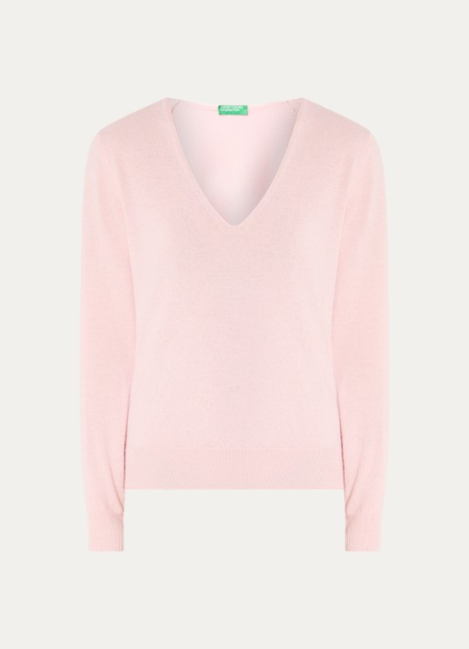 Benetton Fijngebreide pullover van scheerwol met V-hals - voorkant zalmroze