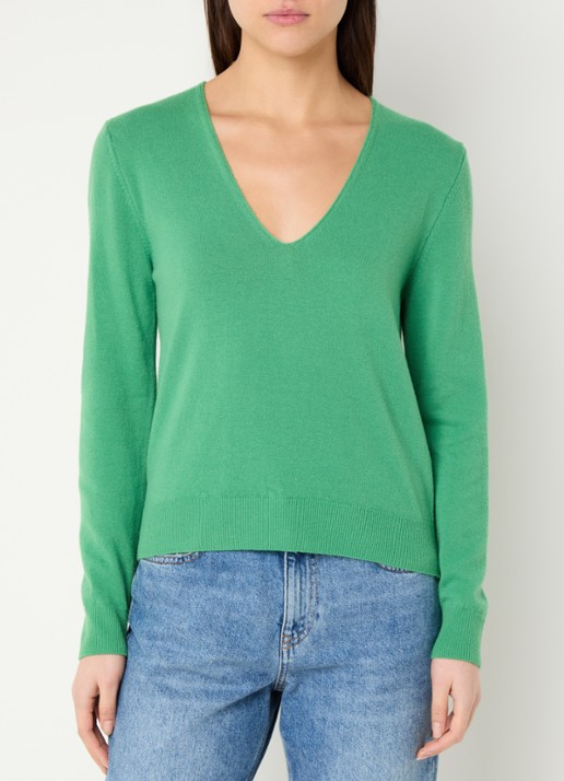 Benetton Fijngebreide pullover van scheerwol met V-hals - detail groen