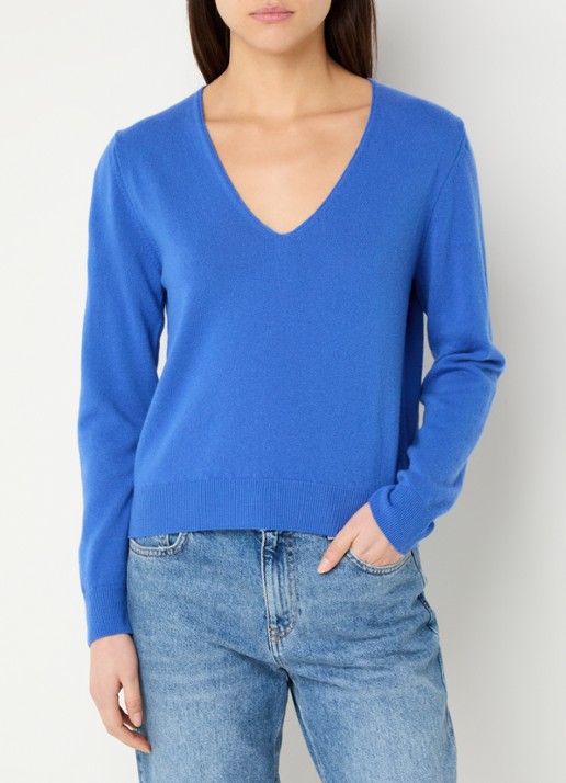 Benetton Fijngebreide pullover van scheerwol met V-hals - detail 4 blauw