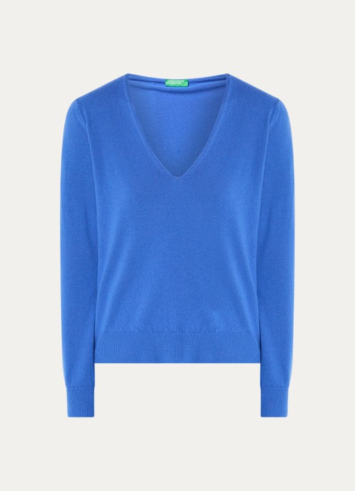 Benetton Fijngebreide pullover van scheerwol met V-hals - voorkant 2 blauw