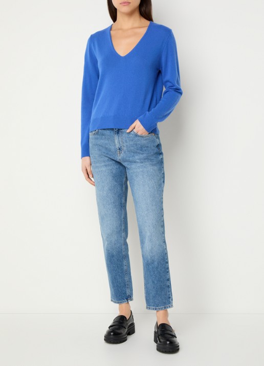 Benetton Fijngebreide pullover van scheerwol met V-hals - voorkant 3 blauw