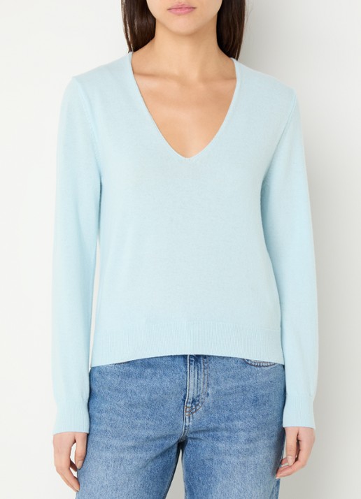 Benetton Fijngebreide pullover van scheerwol met V-hals - detail 3 zeegroen