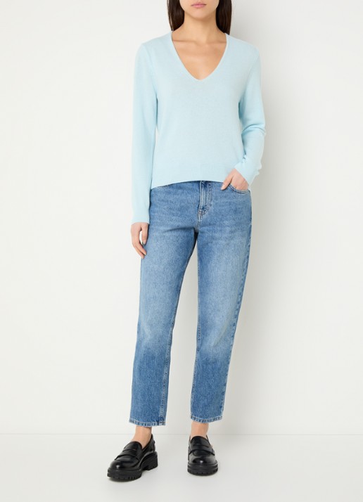 Benetton Fijngebreide pullover van scheerwol met V-hals - voorkant 2 zeegroen