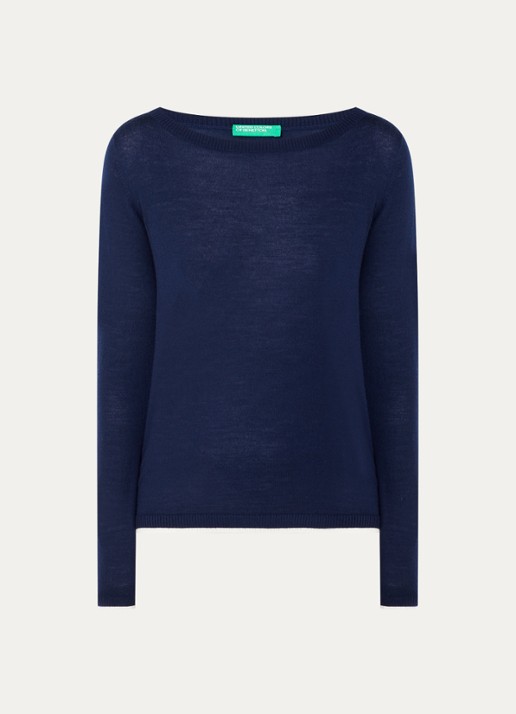 Benetton Fijngebreide pullover van scheerwol - voorkant 2 donkerblauw