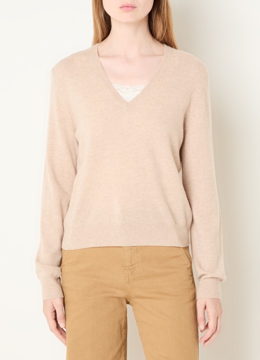 Benetton Fijngebreide trui van wol met V-hals - detail 4 beige