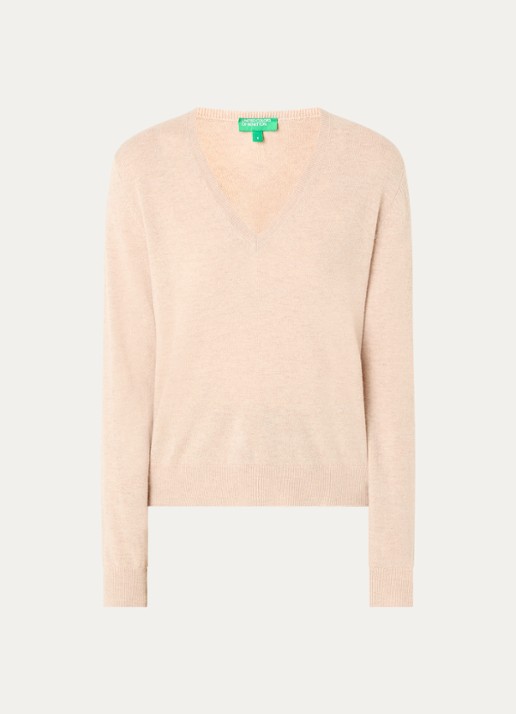 Benetton Fijngebreide trui van wol met V-hals - voorkant 2 beige