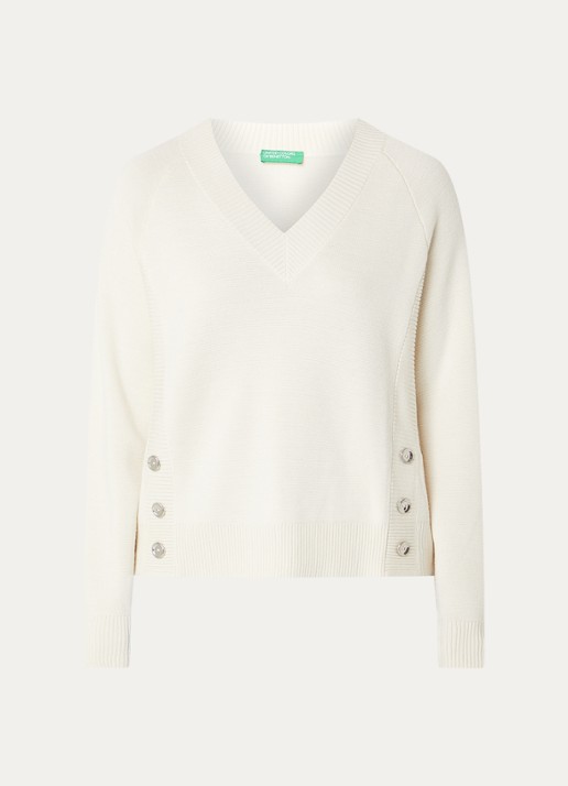 Benetton Grofgebreide trui met v-hals in wolblend met sierknopen - voorkant 2 gebroken wit