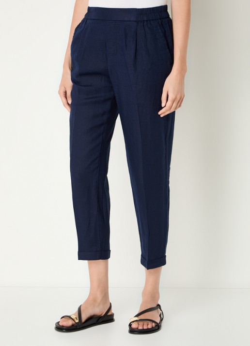 Benetton High waist cropped tapered fit pantalon van linnen - detail 4 donkerblauw
