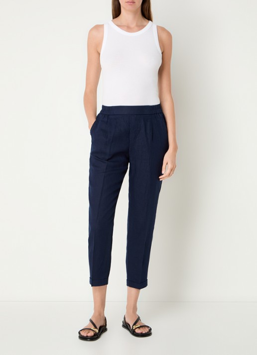 Benetton High waist cropped tapered fit pantalon van linnen - voorkant 3 donkerblauw