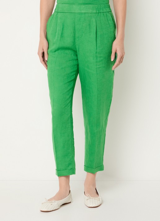 Benetton High waist cropped tapered fit pantalon van linnen - detail 4 groen