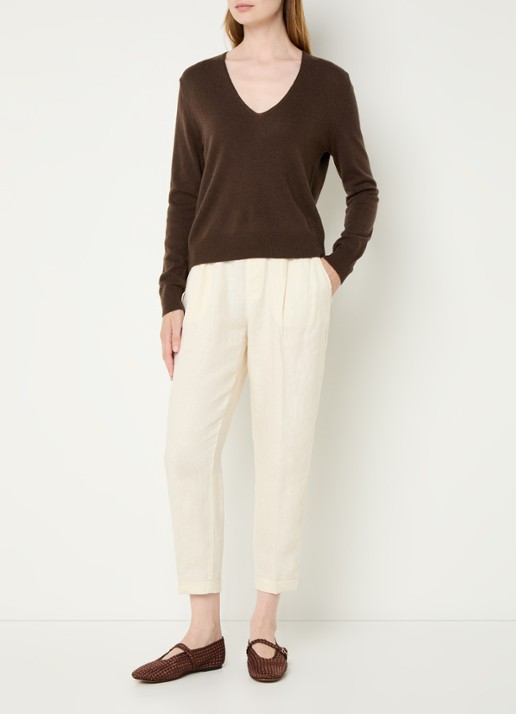 Benetton High waist cropped tapered fit pantalon van linnen - voorkant 4 gebroken wit