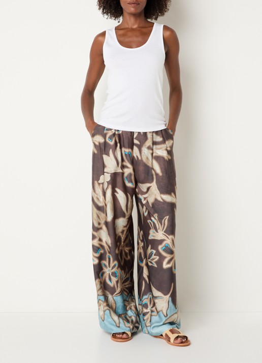 Benetton High waist loose fit broek met bloemenprint - voorkant 4 bruin