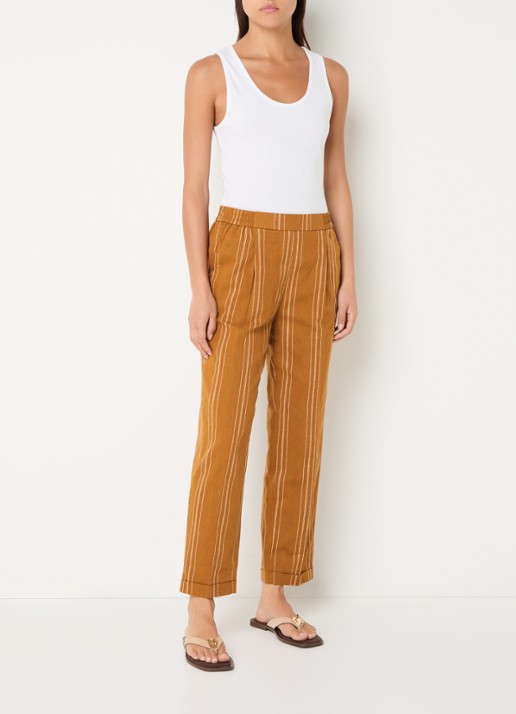 Benetton High waist straight fit broek in linnenblend met streepprint - voorkant 3 oranjebruin