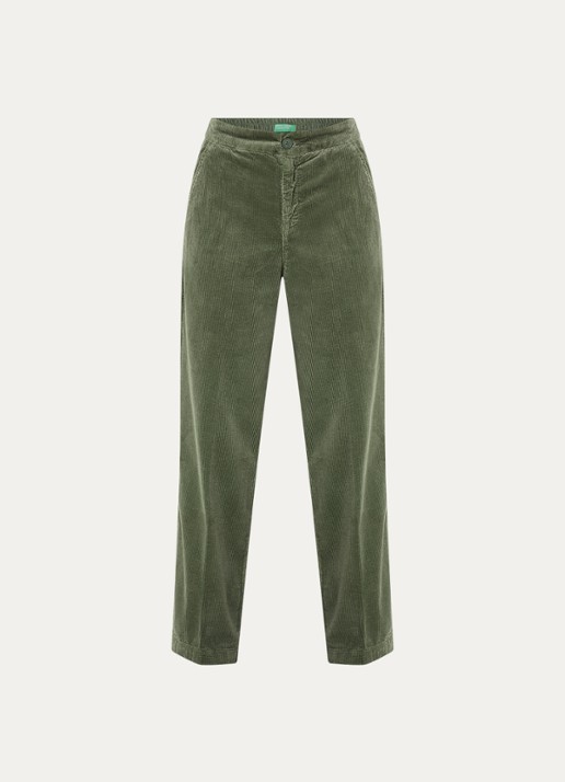 Benetton High waist straight fit broek van corduroy met steekzakken - voorkant groen