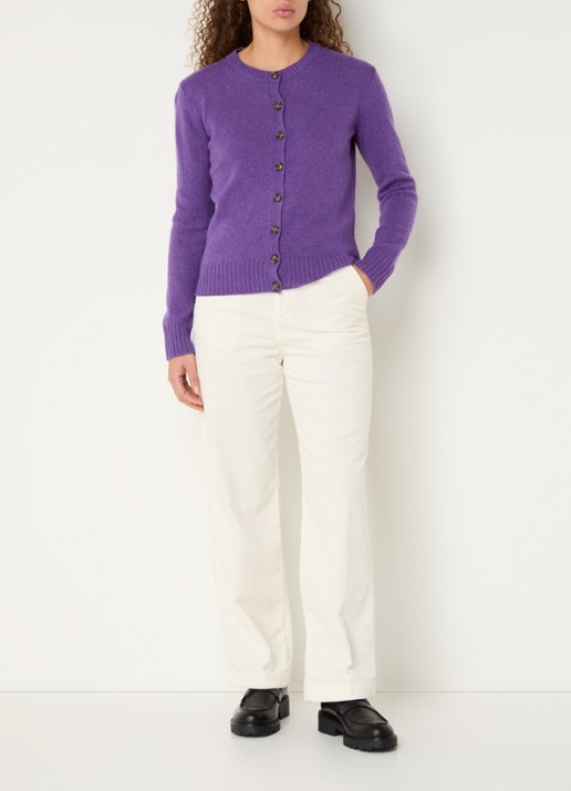 Benetton High waist straight fit broek van corduroy met steekzakken - voorkant 3 ivoor