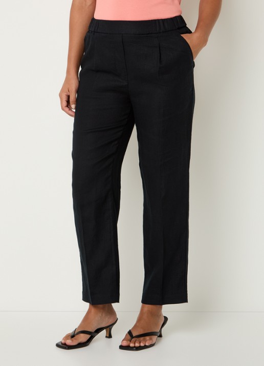 Benetton High waist straight fit chino van linnen met steekzakken - detail zwart