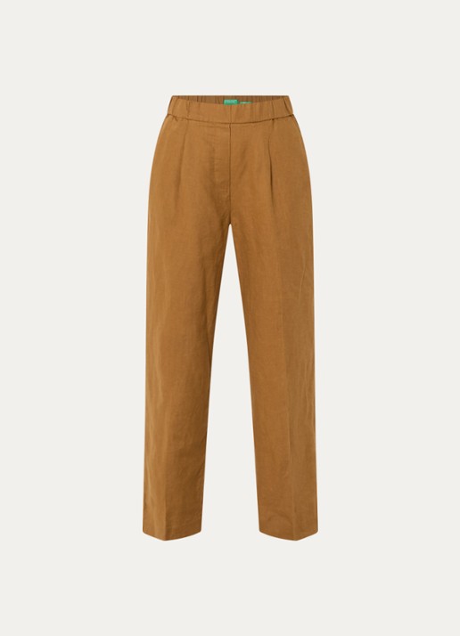 Benetton High waist straight fit chino van linnen met steekzakken - voorkant camel