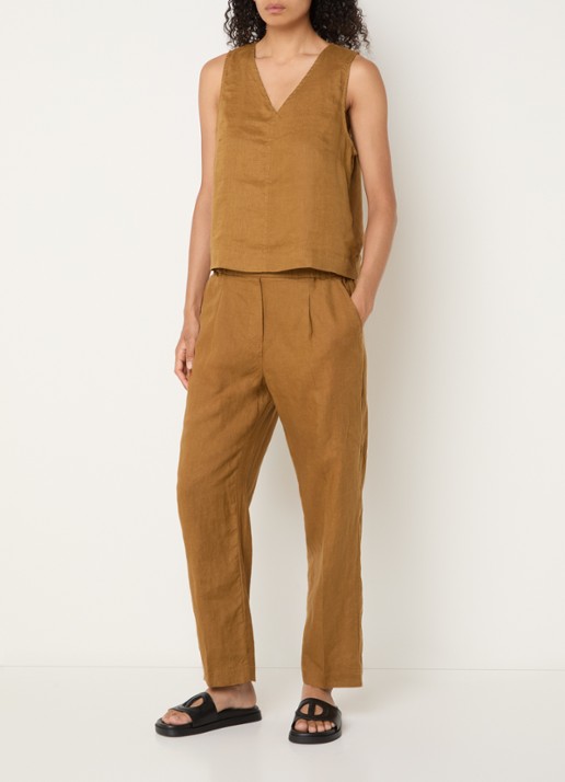 Benetton High waist straight fit chino van linnen met steekzakken - voorkant 2 camel