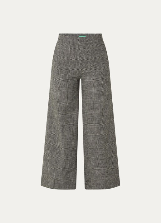 Benetton High waist straight fit pantalon in linnenblend met ruitdessin - voorkant 2 grijs