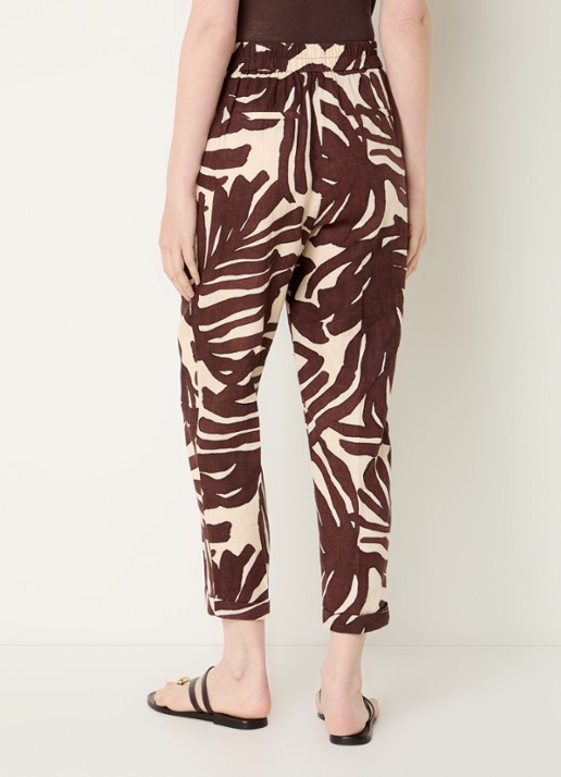 Benetton High waist tapered fit joggingbroek van linnen met print - achterkant bruin