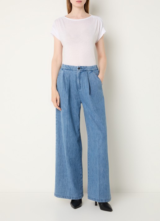 Benetton High waist wide fit broek van chambray met plooidetail - voorkant 3 indigo
