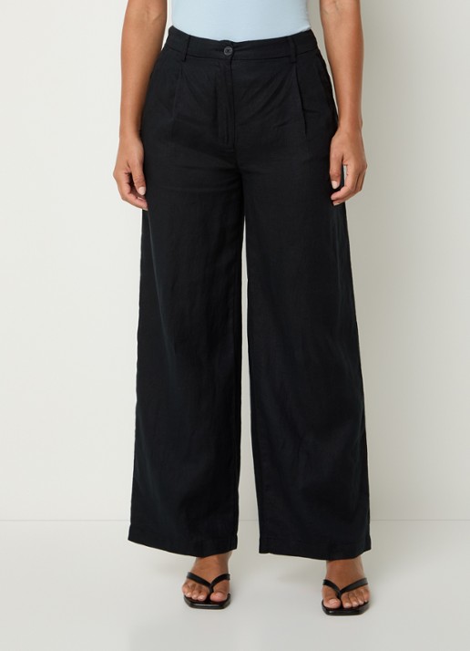 Benetton High waist wide fit chino van linnen met steekzakken - detail zwart
