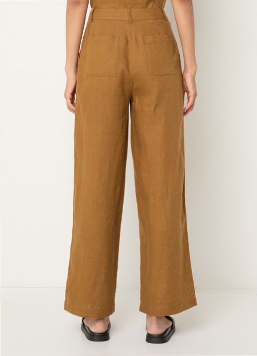 Benetton High waist wide fit chino van linnen met steekzakken - achterkant 4 camel