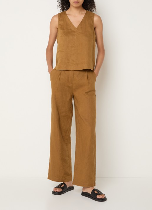 Benetton High waist wide fit chino van linnen met steekzakken - voorkant 3 camel