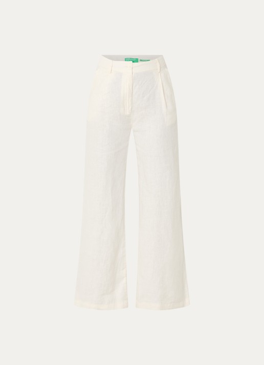 Benetton High waist wide fit chino van linnen met steekzakken - voorkant creme