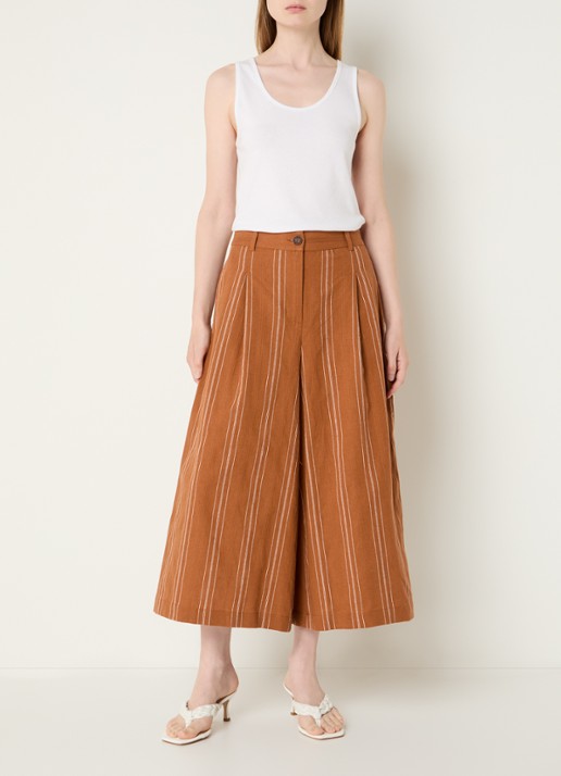 Benetton High waist wide fit cropped pantalon in linnenblend - voorkant 4 roestbruin