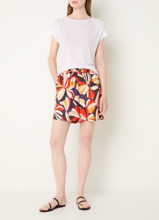 Benetton High waist wide fit korte broek van linnen met print - voorkant 2 orange