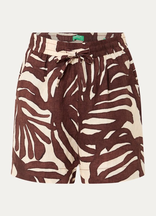 Benetton High waist wide fit korte broek van linnen met print - voorkant 3 bruin