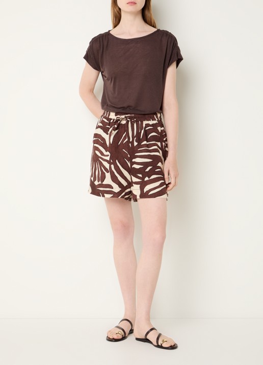 Benetton High waist wide fit korte broek van linnen met print - voorkant 4 bruin