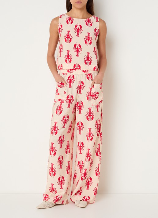 Benetton High waist wide fit pantalon met print - voorkant 4 rood