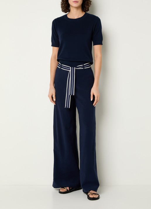 Benetton High waist wide fit pantalon met strickceintuur - voorkant 4 donkerblauw