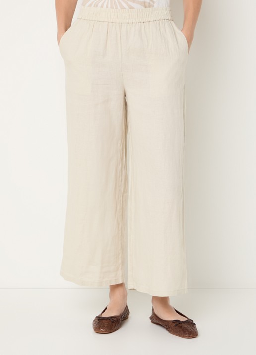 Benetton High waist wide fit pantalon van linnen - detail 2 creme