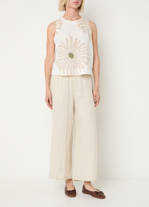 Benetton High waist wide fit pantalon van linnen - voorkant 4 creme