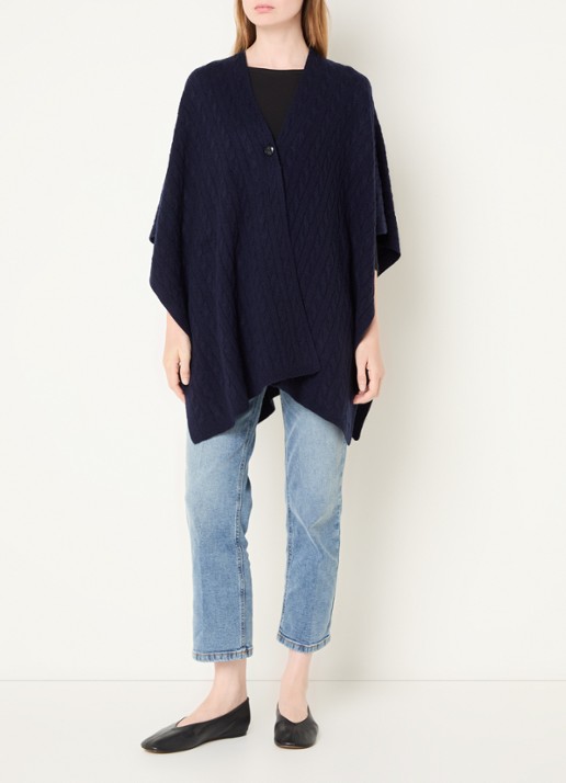 Benetton Kabelgebreide cape in kasjmierblend - voorkant 3 blauw