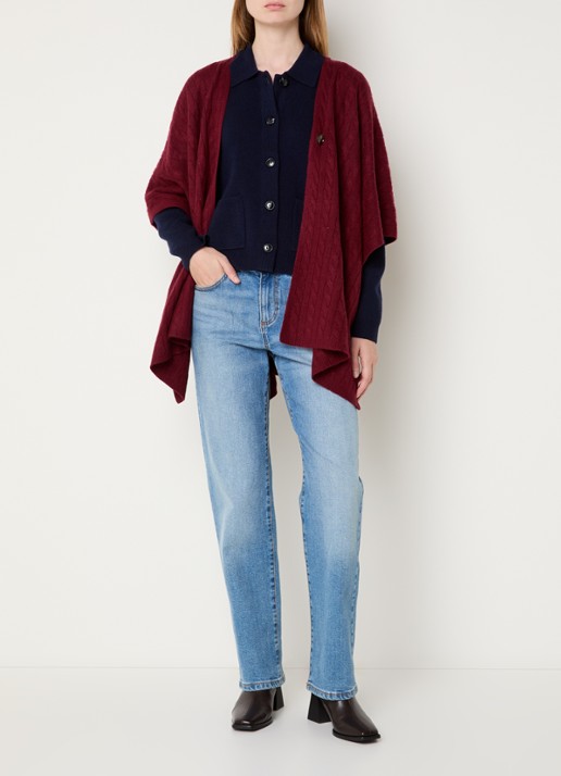 Benetton Kabelgebreide cape in kasjmierblend - voorkant 4 bordeauxrood