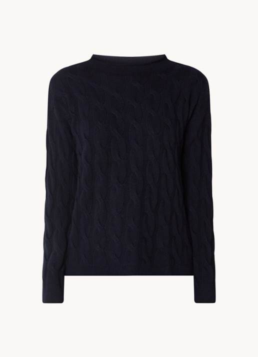 Benetton Kabelgebreide trui met col in kasjmierblend - voorkant 3 donkerblauw