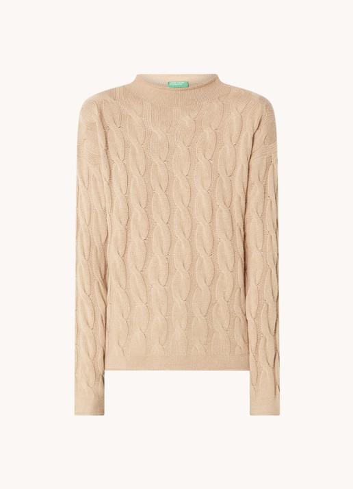 Benetton Kabelgebreide trui met col in kasjmierblend - voorkant 5 camel