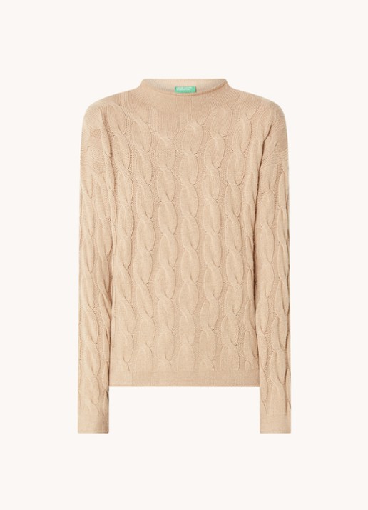 Benetton Kabelgebreide trui met col in kasjmierblend - voorkant 7 camel