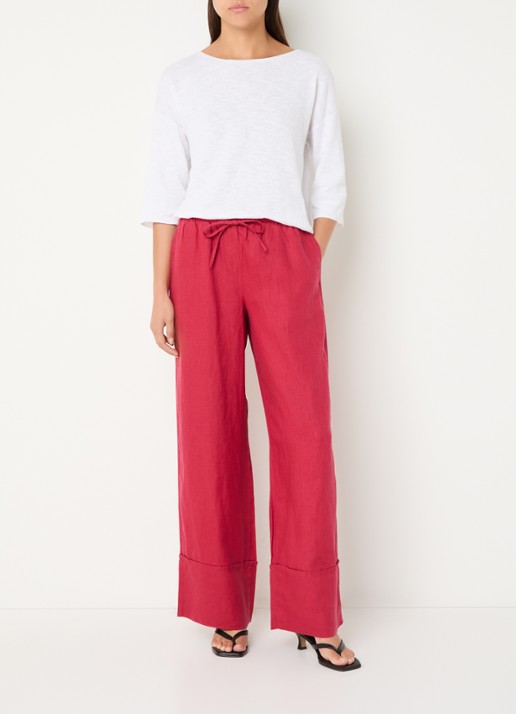 Benetton Low waist broek van linnen met steekzakken - voorkant 2 cranberryrood