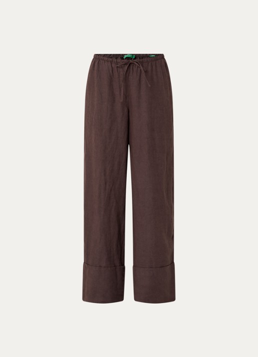 Benetton Low waist broek van linnen met steekzakken - voorkant 2 donkerbruin