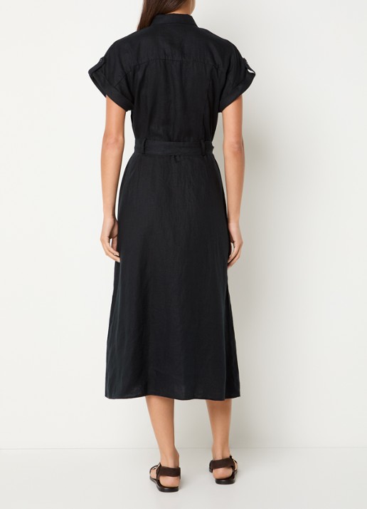 Benetton Midi blouse jurk van linnen met strikceintuur  - achterkant 4 zwart