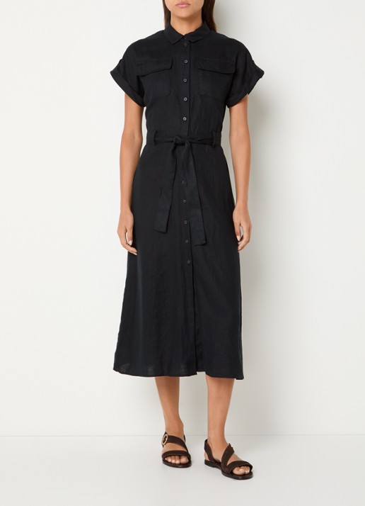 Benetton Midi blouse jurk van linnen met strikceintuur  - detail 3 zwart